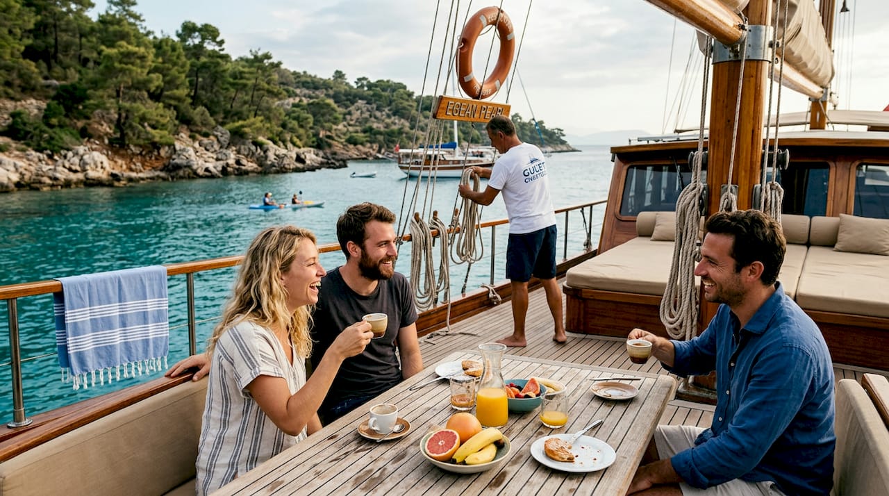 Viaggiatori che si godono il relax a poppa di una goletta, ancorata in una baia tranquilla.