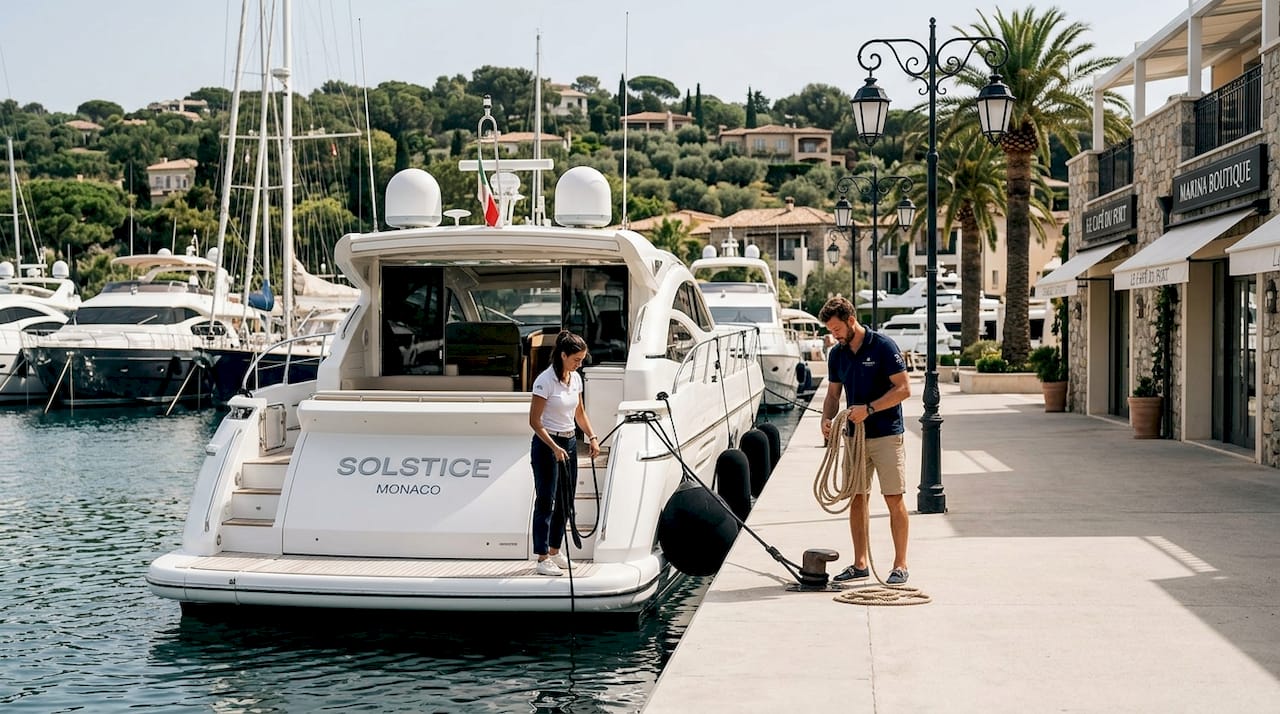 Luxury yacht docked at busy EU marina