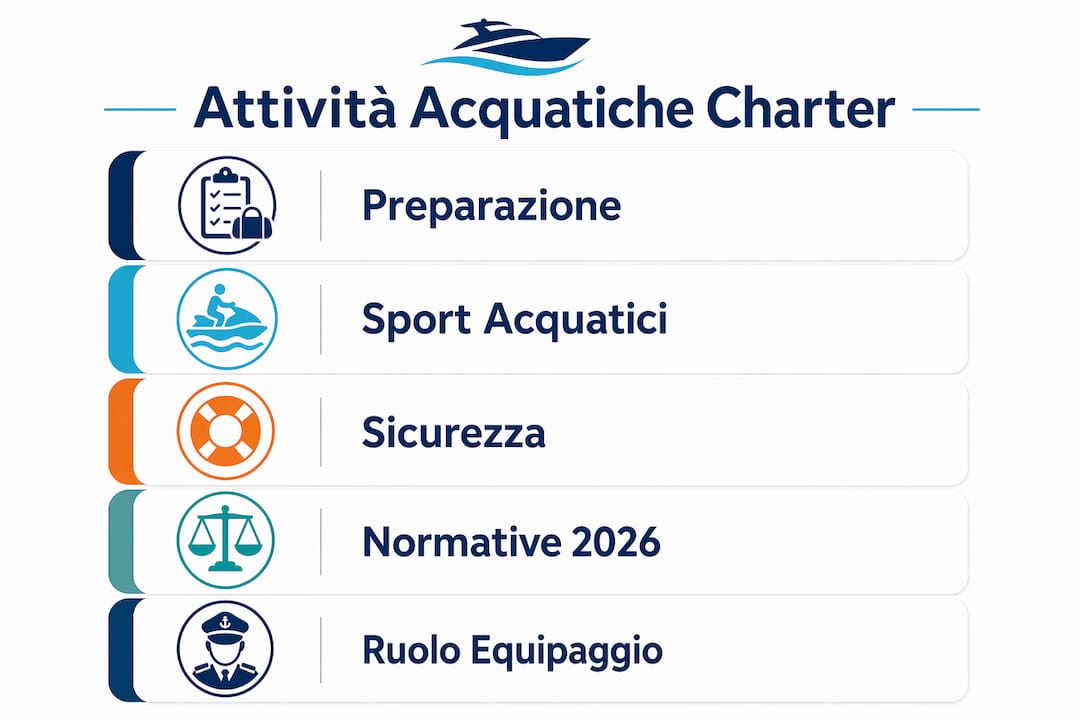 Infografica con tutte le fasi delle attività acquatiche da vivere a bordo di uno yacht a noleggio