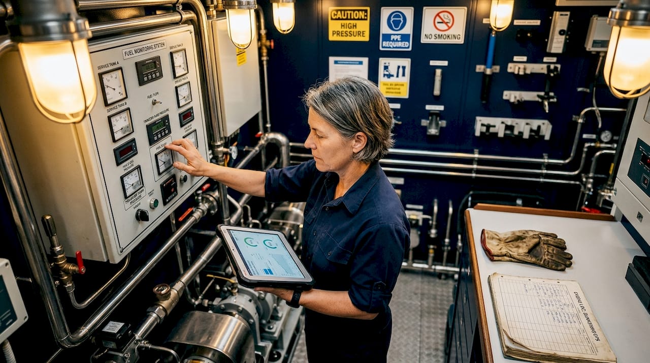 Engineer monitoring yacht fuel system inside engine room