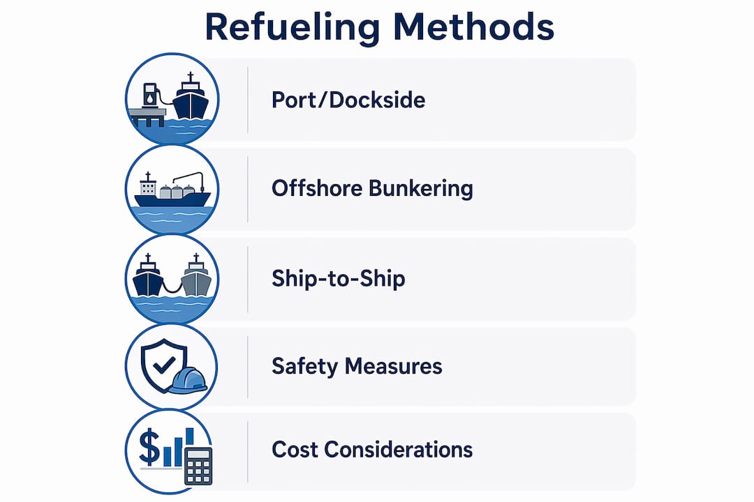 Infographic illustrating charter yacht refueling methods as vertical steps