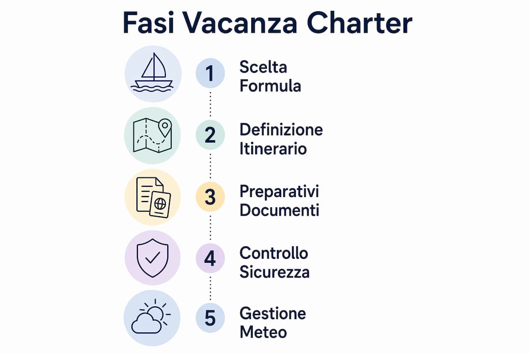 Guida visiva ai passaggi chiave per organizzare una vacanza in barca a noleggio