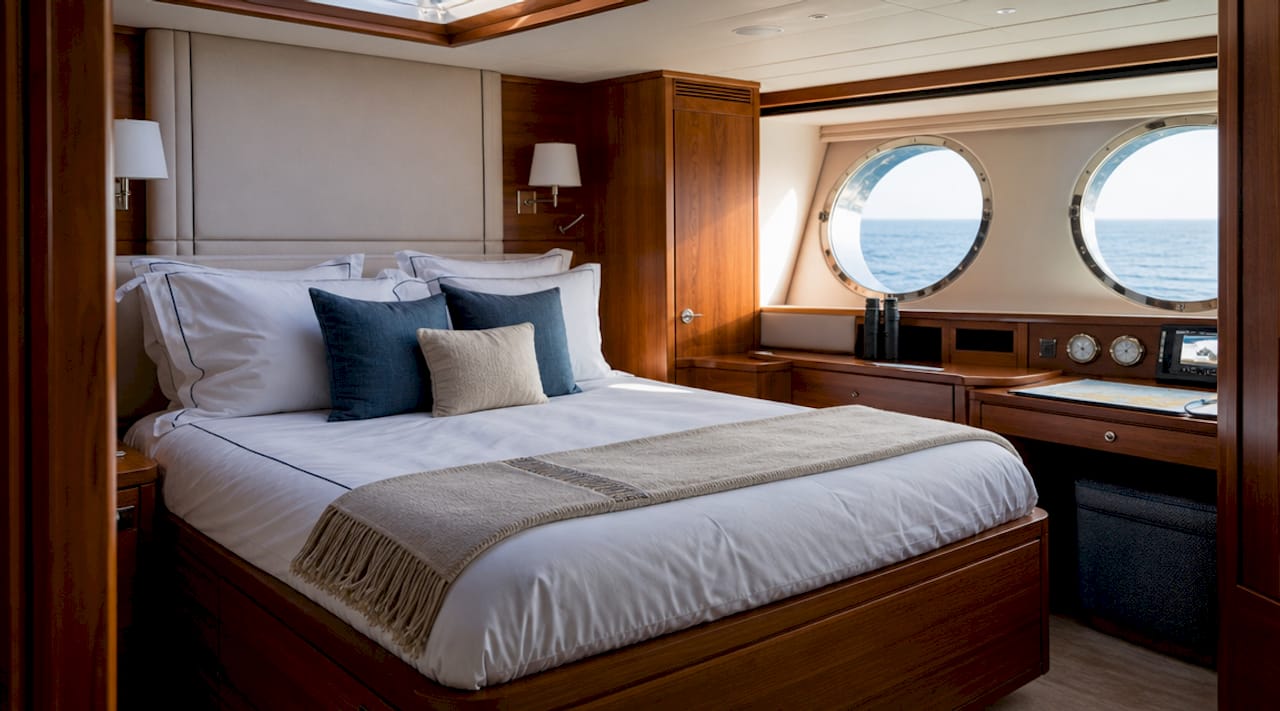 Spacious owner's yacht cabin interior with navigational tools