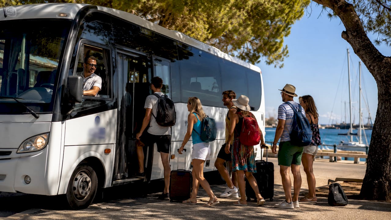 I turisti salgono a bordo della navetta gratuita al porto di Cagliari.