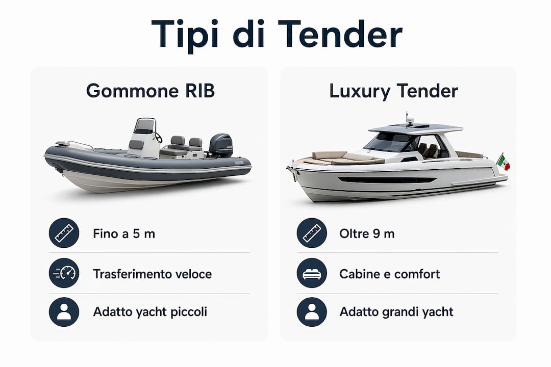 Infografica dedicata ai diversi modelli di tender per yacht e alle loro principali caratteristiche