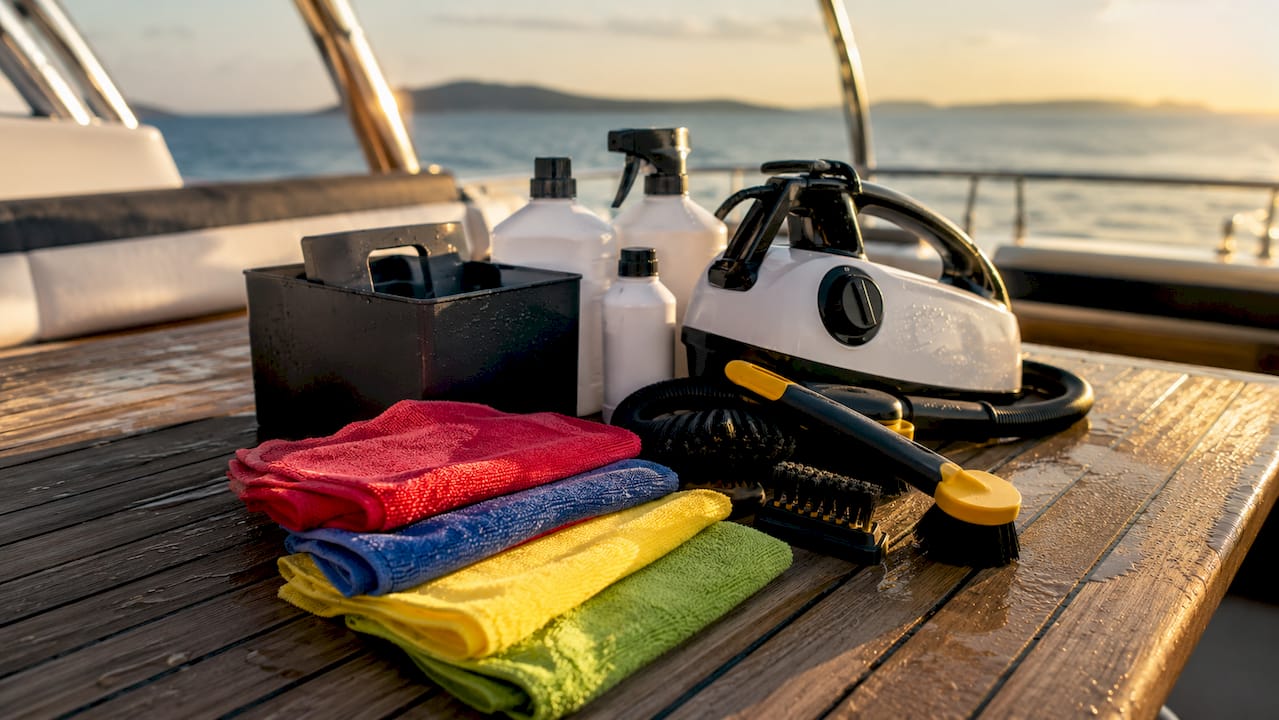 Color-coded professional yacht cleaning tools kit