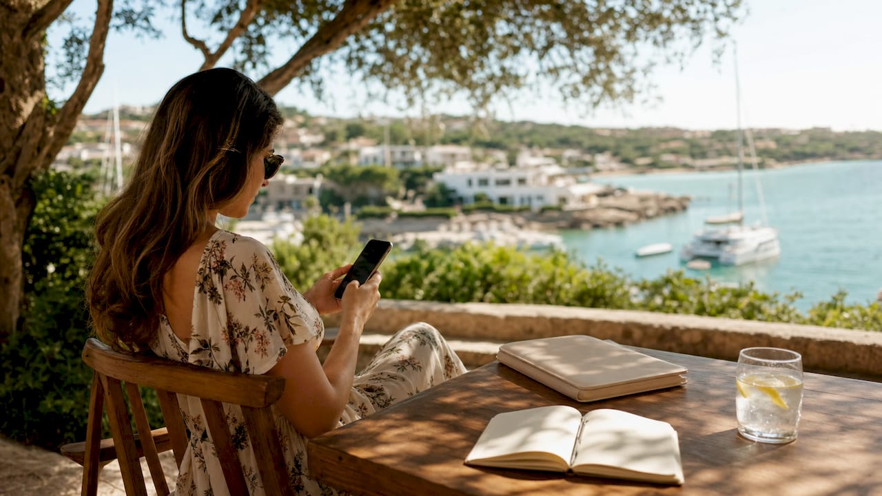 Signora seduta al tavolo del porto mentre prenota online le sue escursioni