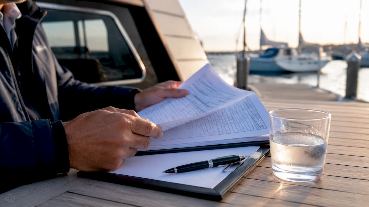 Controllo accurato dei documenti di certificazione e delle checklist di bordo: mani esperte che verificano ogni dettaglio per garantire la sicurezza e la conformità dello yacht.