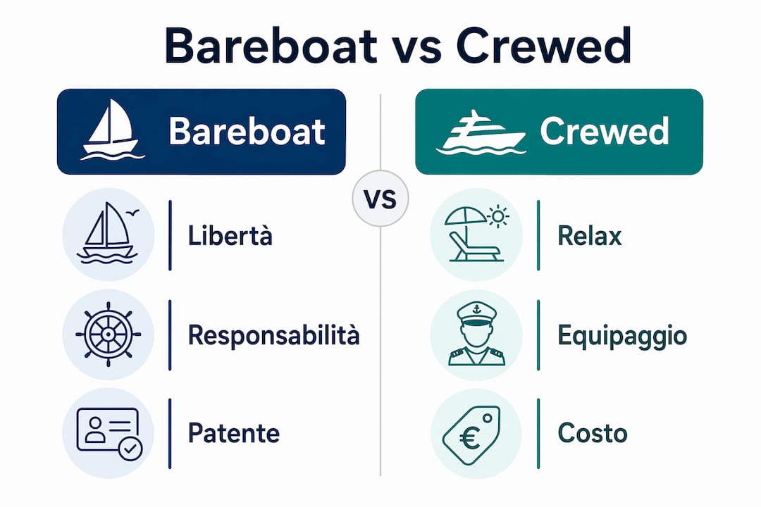 Infografica: differenze tra noleggio barca senza equipaggio e con equipaggio