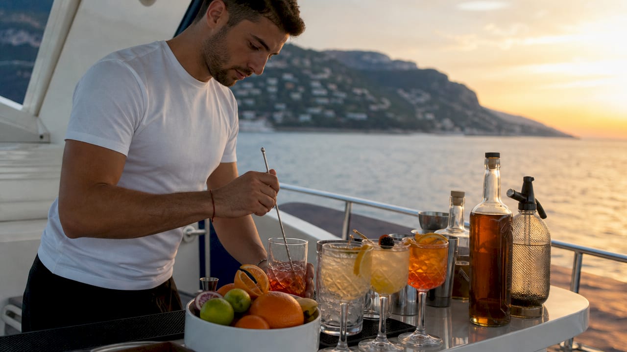 Un barman all’opera, mentre mixa cocktail raffinati a bordo di uno yacht in alto mare.