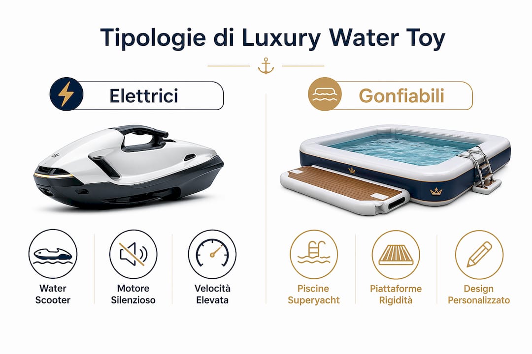 Infografica dedicata alle principali tipologie di water toys di lusso