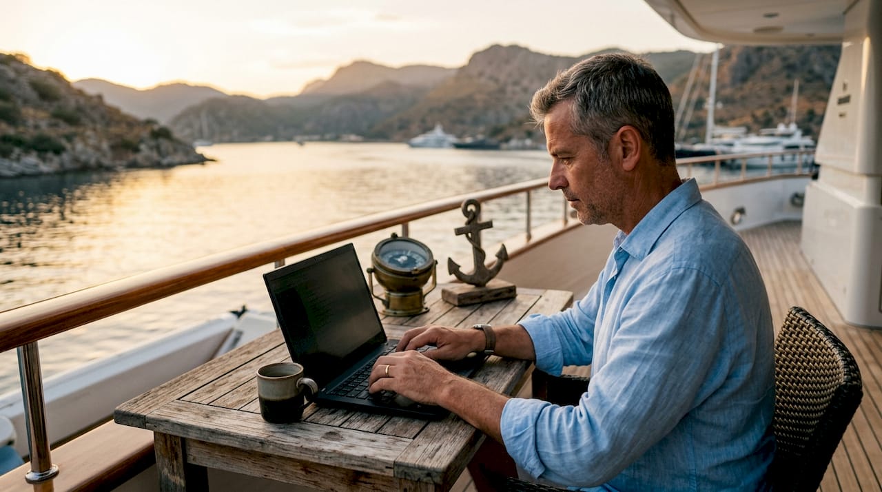 Close-up of hands typing at yacht privacy data workspace