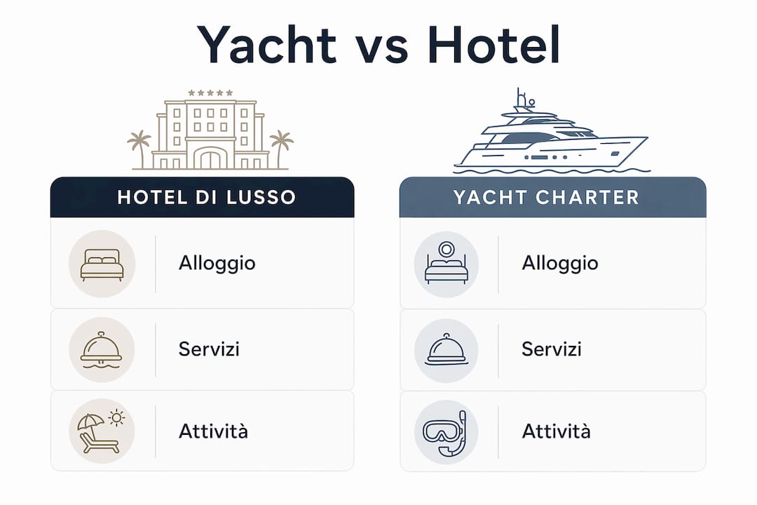 Confronto visivo tra i costi di una vacanza di lusso in yacht e in hotel esclusivo