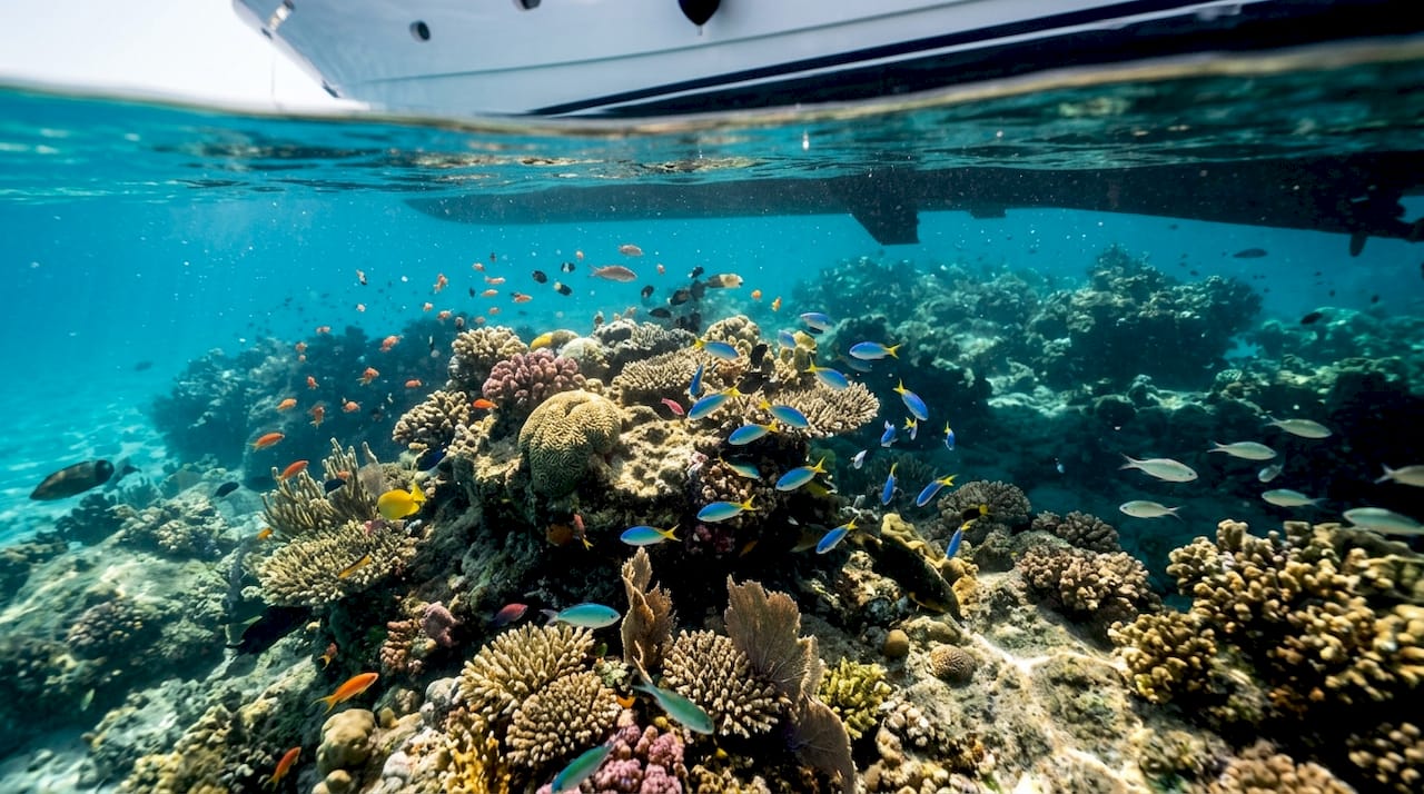 Sotto lo scafo dello yacht, tra le acque limpide del Mediterraneo, si apre un mondo sorprendente: coralli colorati e pesci che nuotano tra i riflessi della luce.