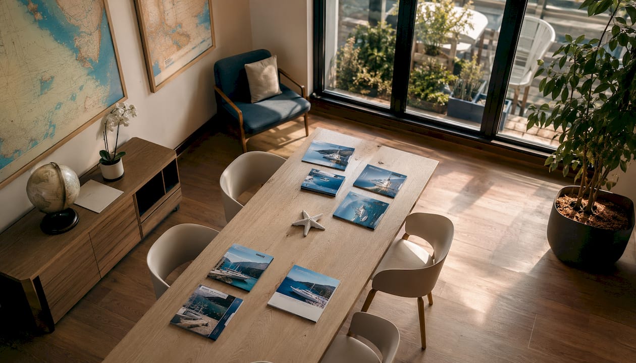 Ufficio viaggi moderno con mappe di destinazioni nautiche appese alle pareti