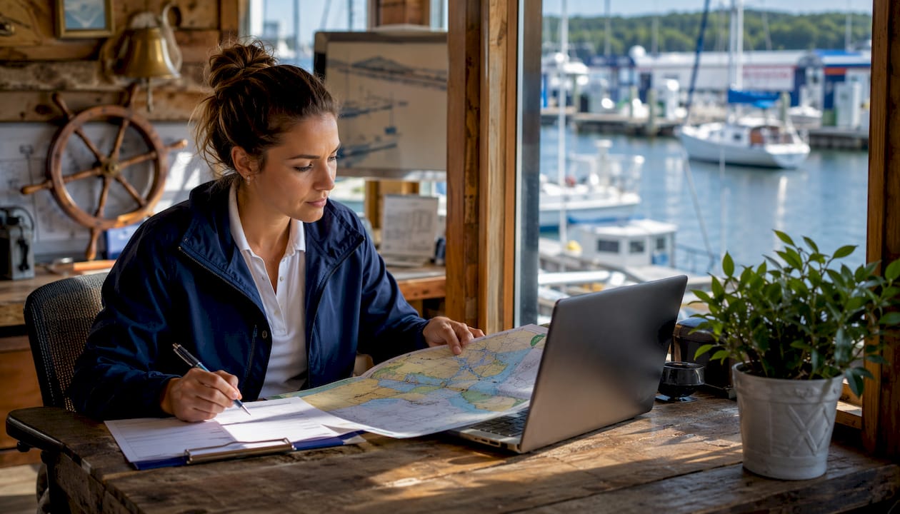 Marina staff assisting boater at marina office desk