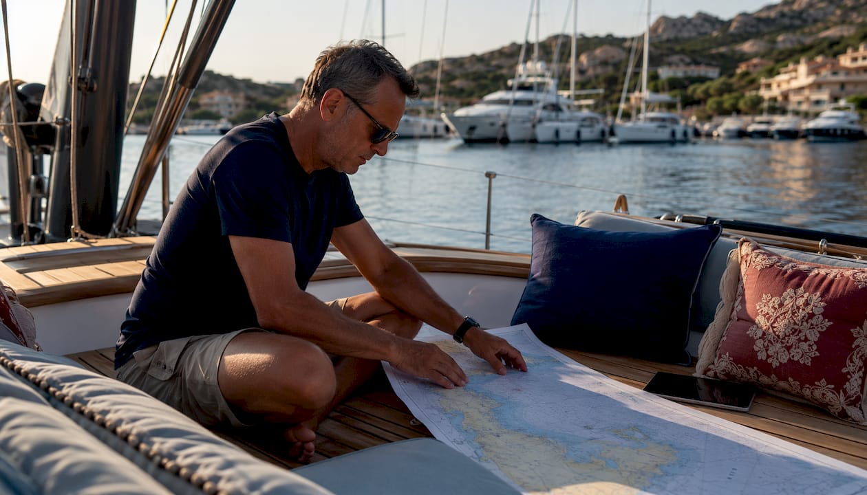 Man reviewing charts overlooking luxury yachts in marina