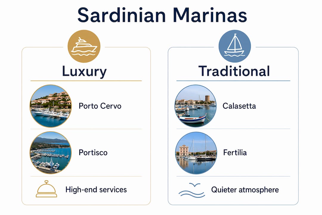 Infographic comparing luxury and traditional Sardinian marinas