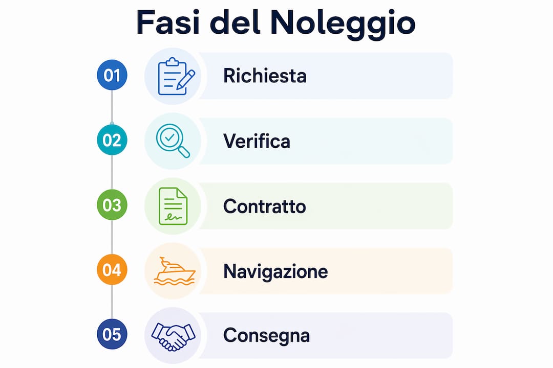 Infografica sulle principali fasi del servizio di noleggio con equipaggio