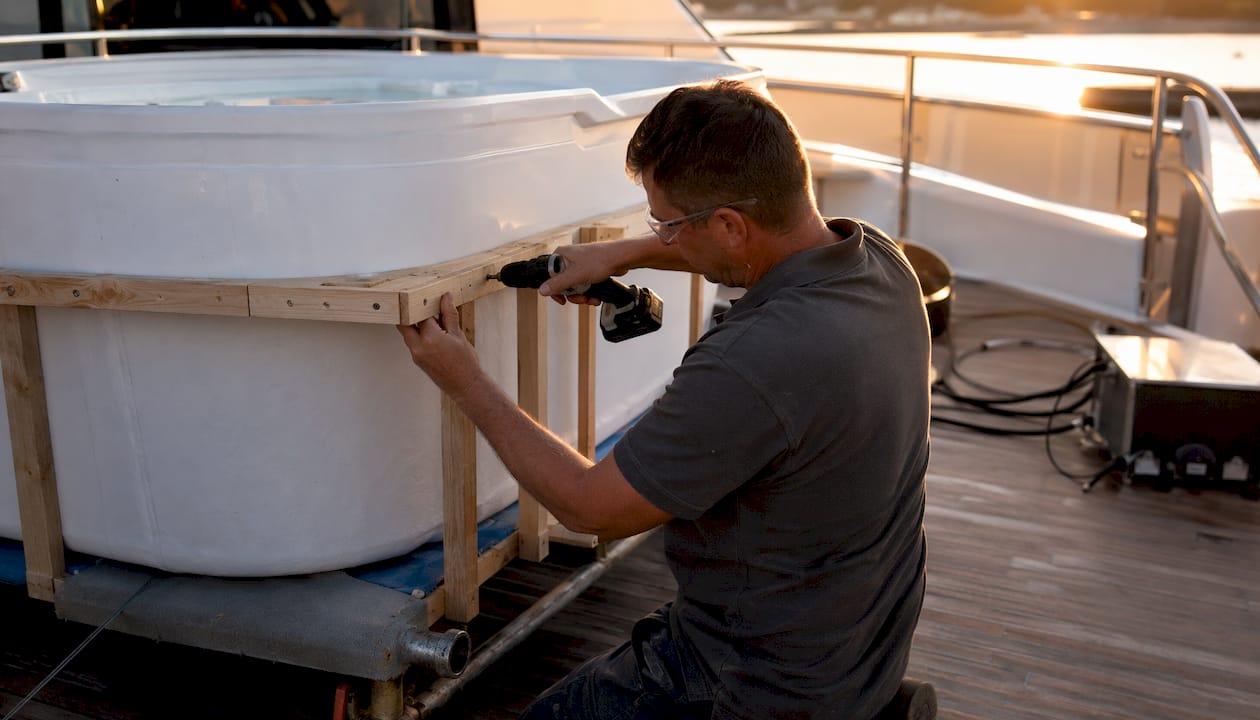 Hands installing custom yacht jacuzzi tub