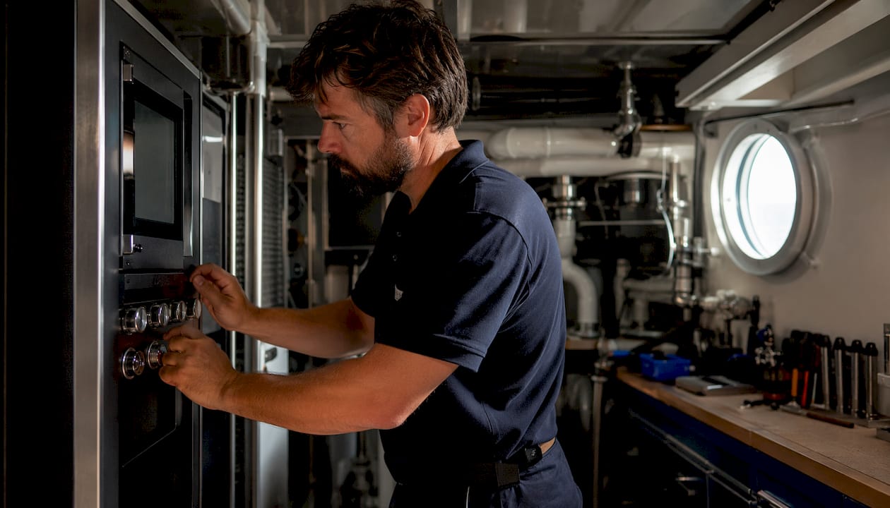 Technician adjusting yacht jacuzzi control panel