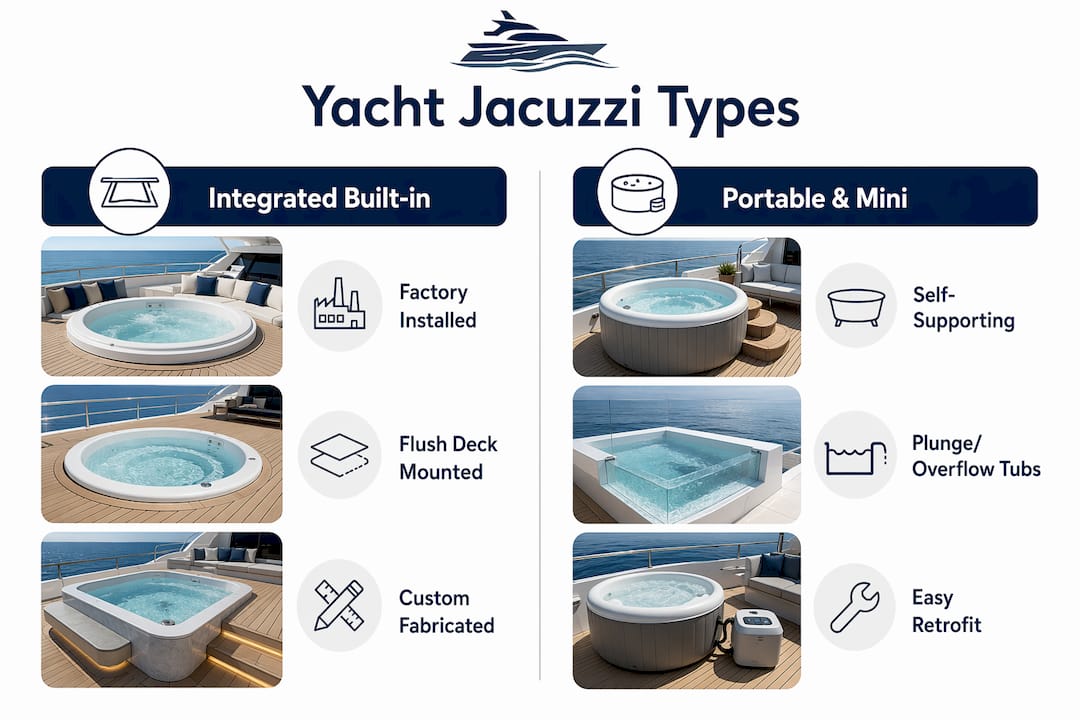 Infographic comparing yacht jacuzzi types built-in vs portable