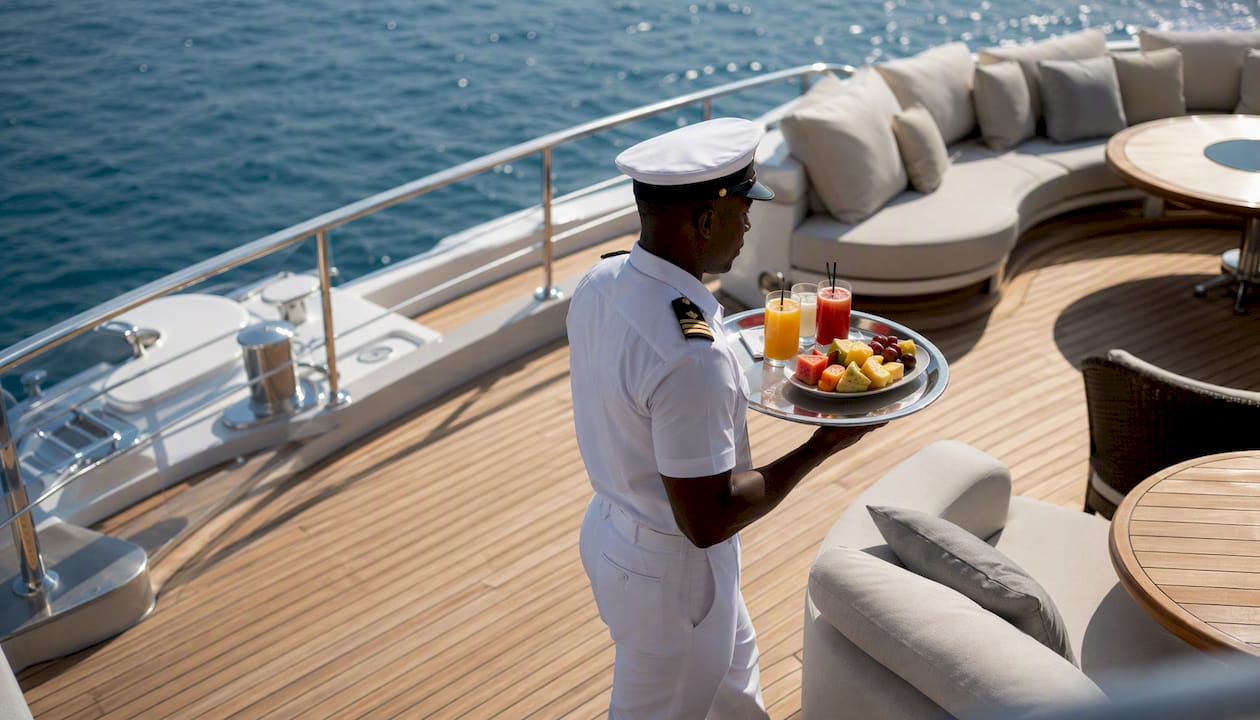 Crew member serving drinks on yacht deck
