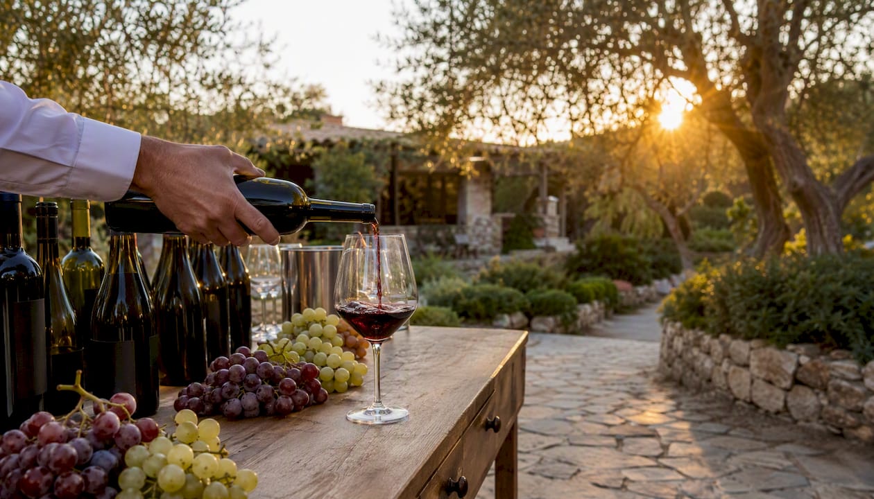 Sommelier pouring red wine at outdoor tasting table