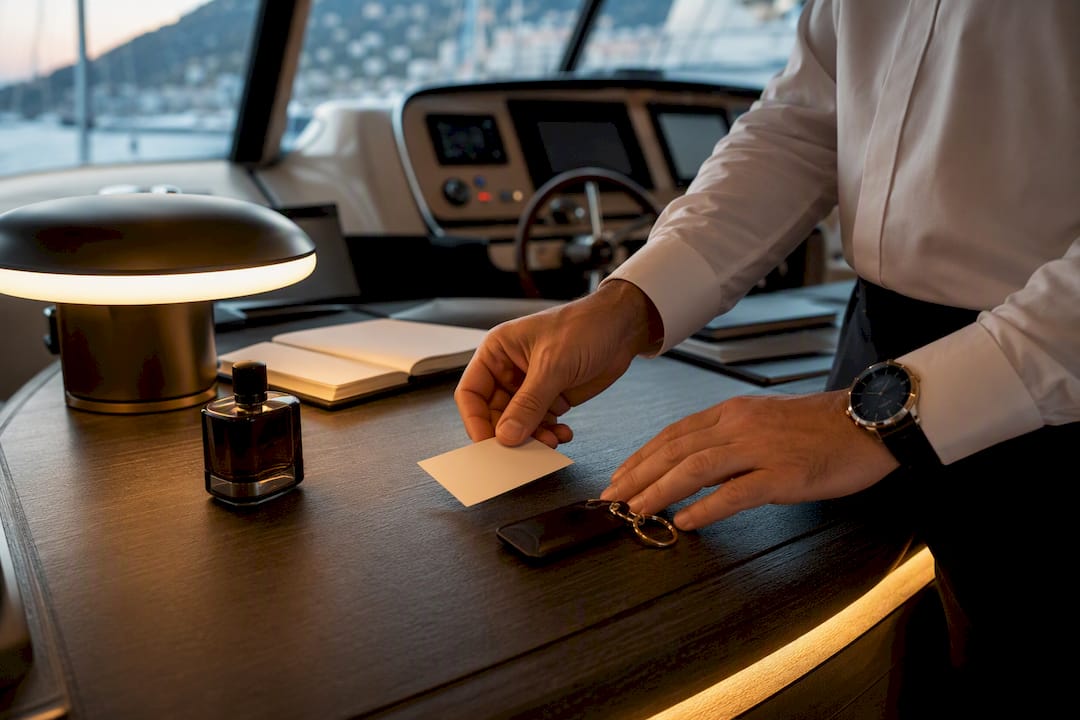Mani del concierge che sistemano gli oggetti per il servizio dello yacht