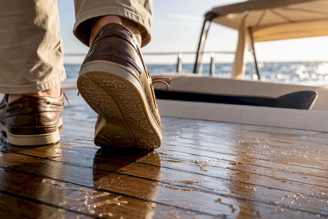 Boat shoe sole on wet yacht deck