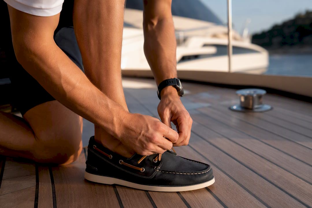 Crew hands showing boat shoe etiquette