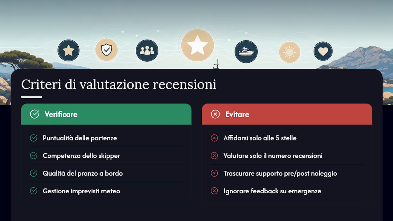 Schema che riassume i criteri di valutazione degli operatori di tour in barca
