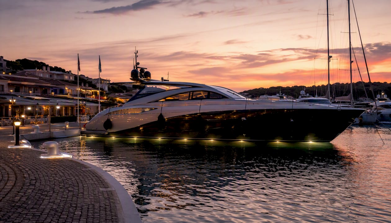 Wide beam motoryacht moored at Porto Cervo