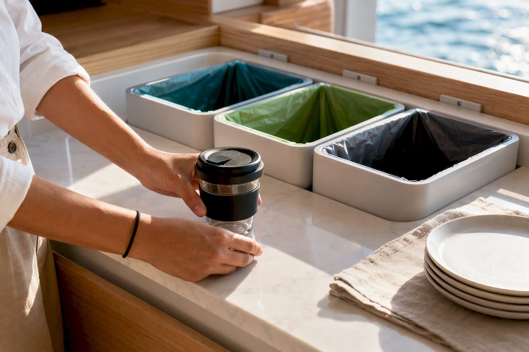Reusable cups beside sorted yacht waste
