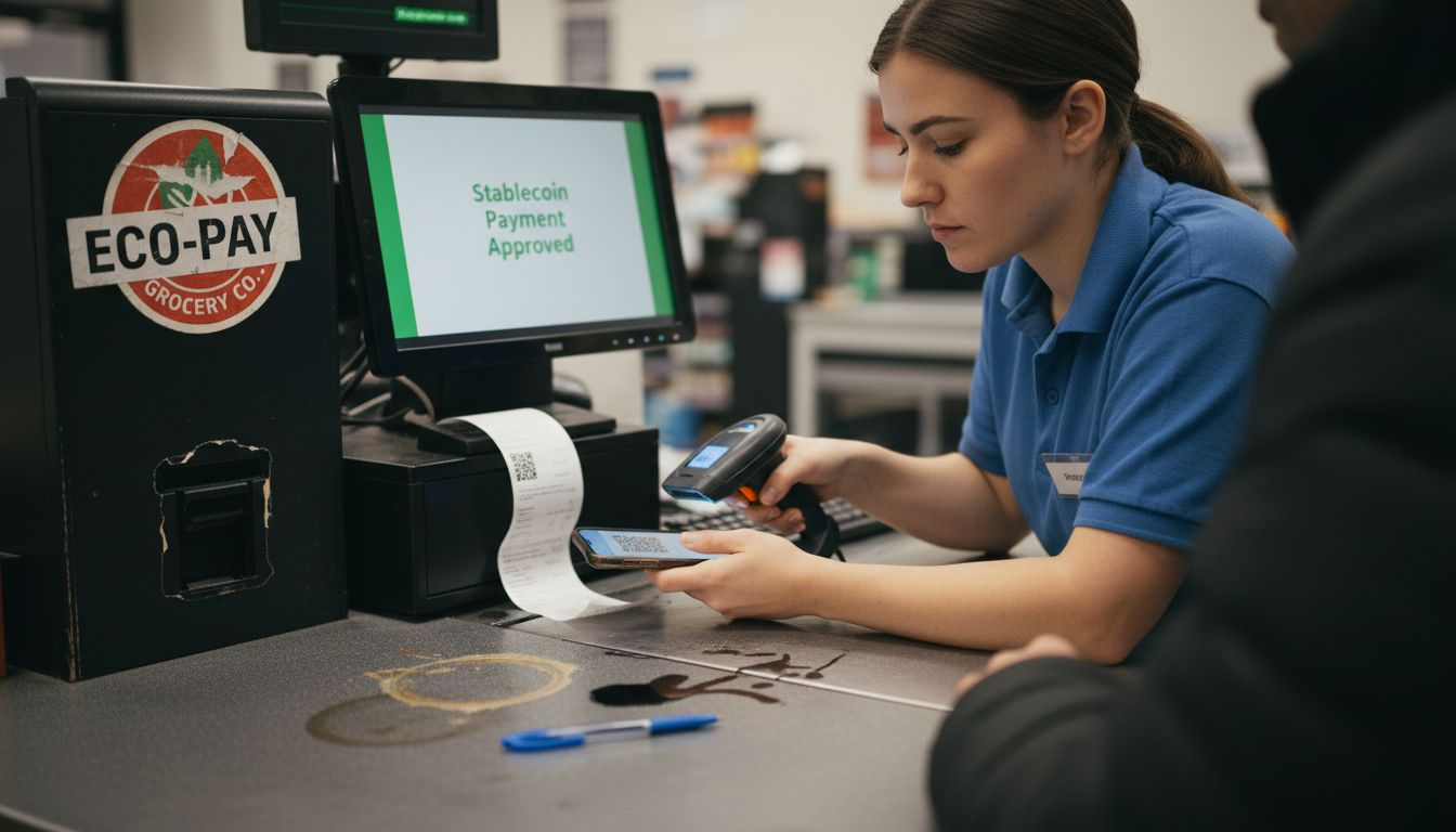 Cashier accepting stablecoin payment at checkout