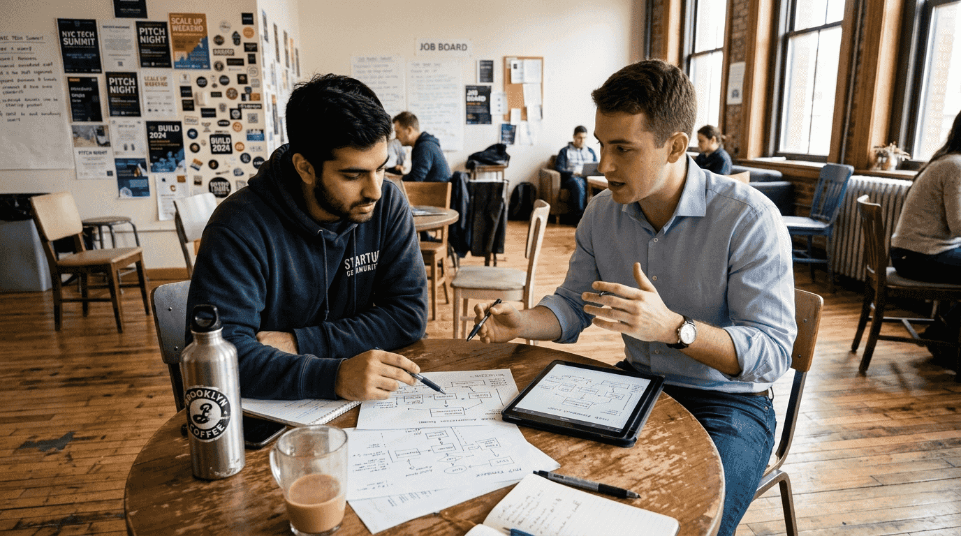 Founders reviewing MVP tool options at table