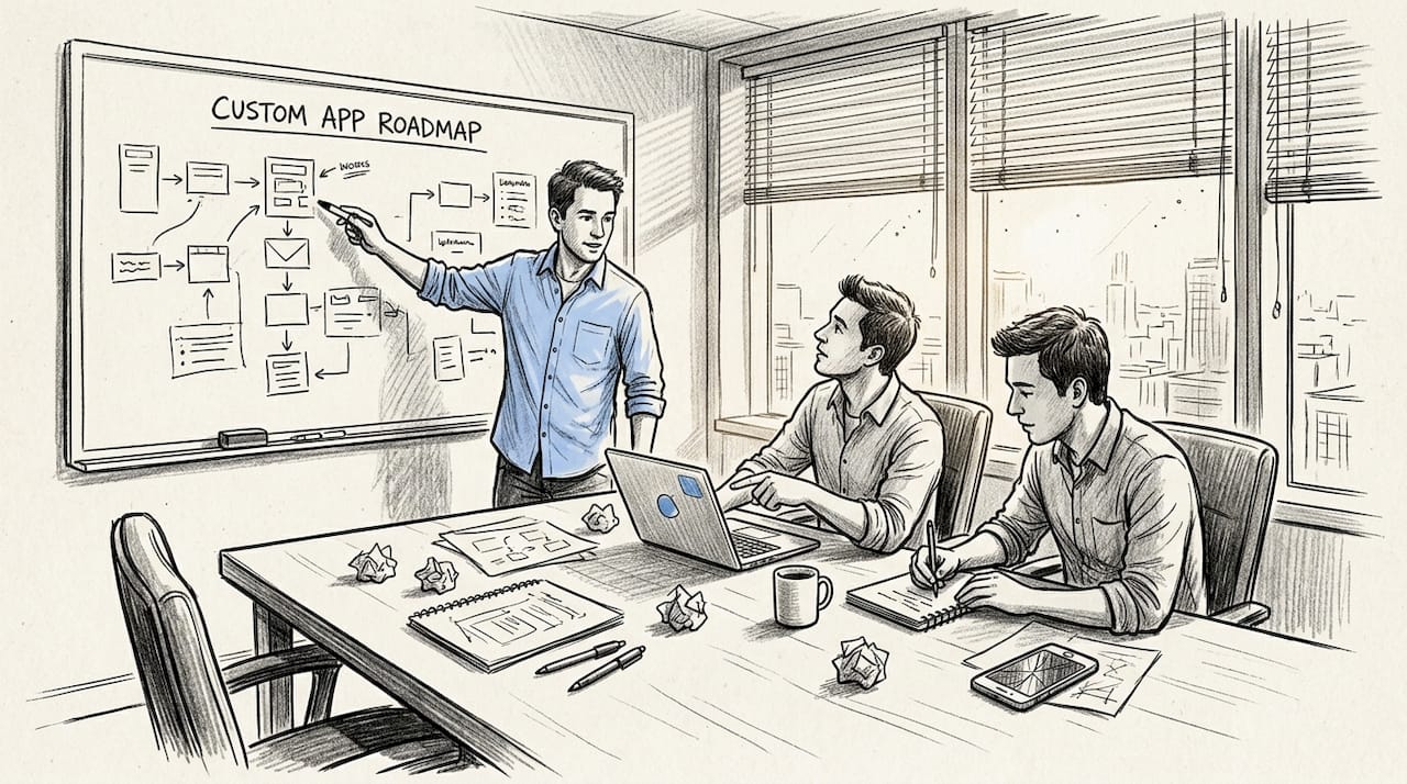 Team discussing custom app workflow