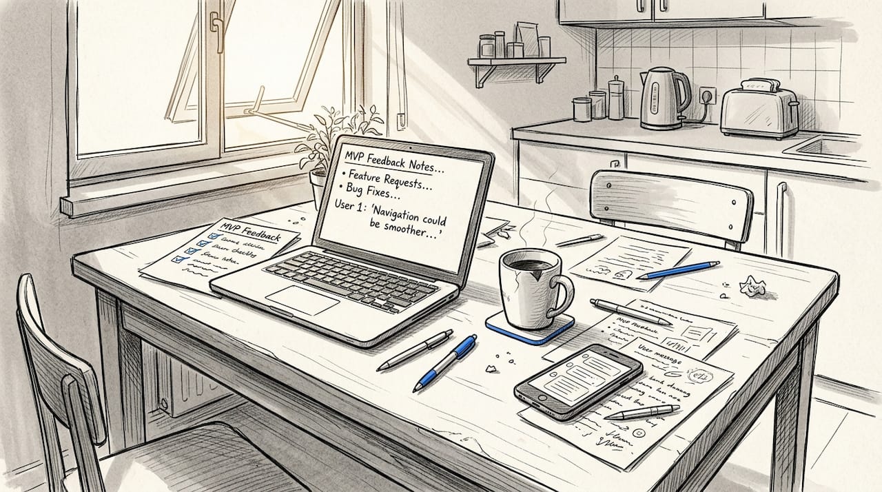 Founder reviewing MVP user feedback at home