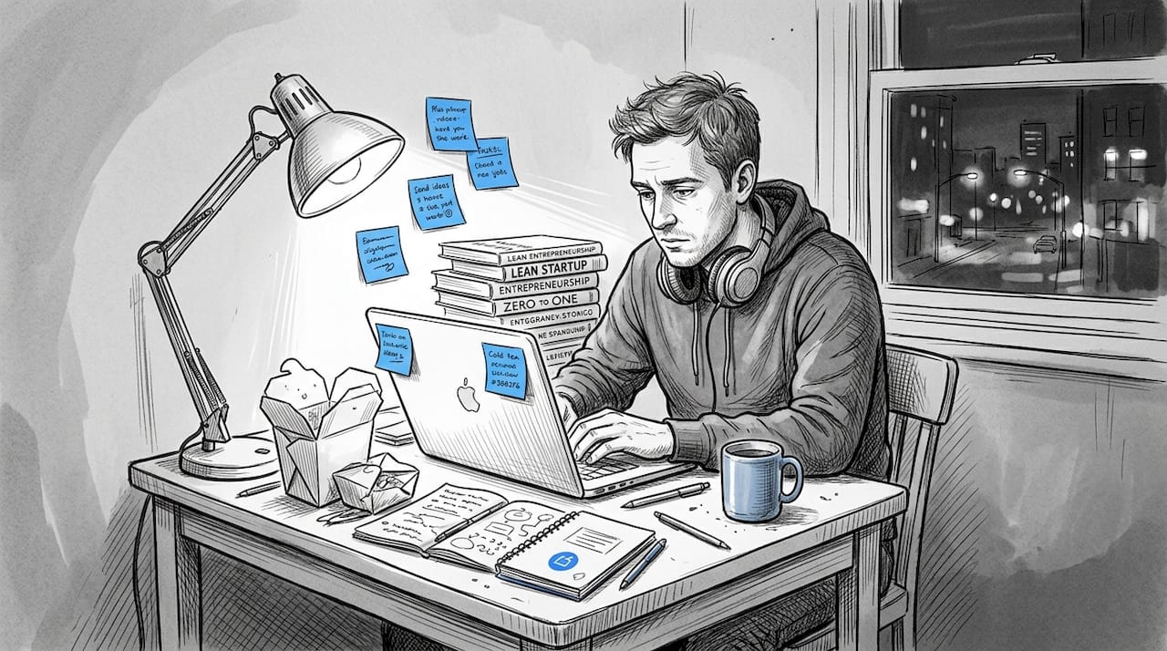 Solo founder working late at kitchen table