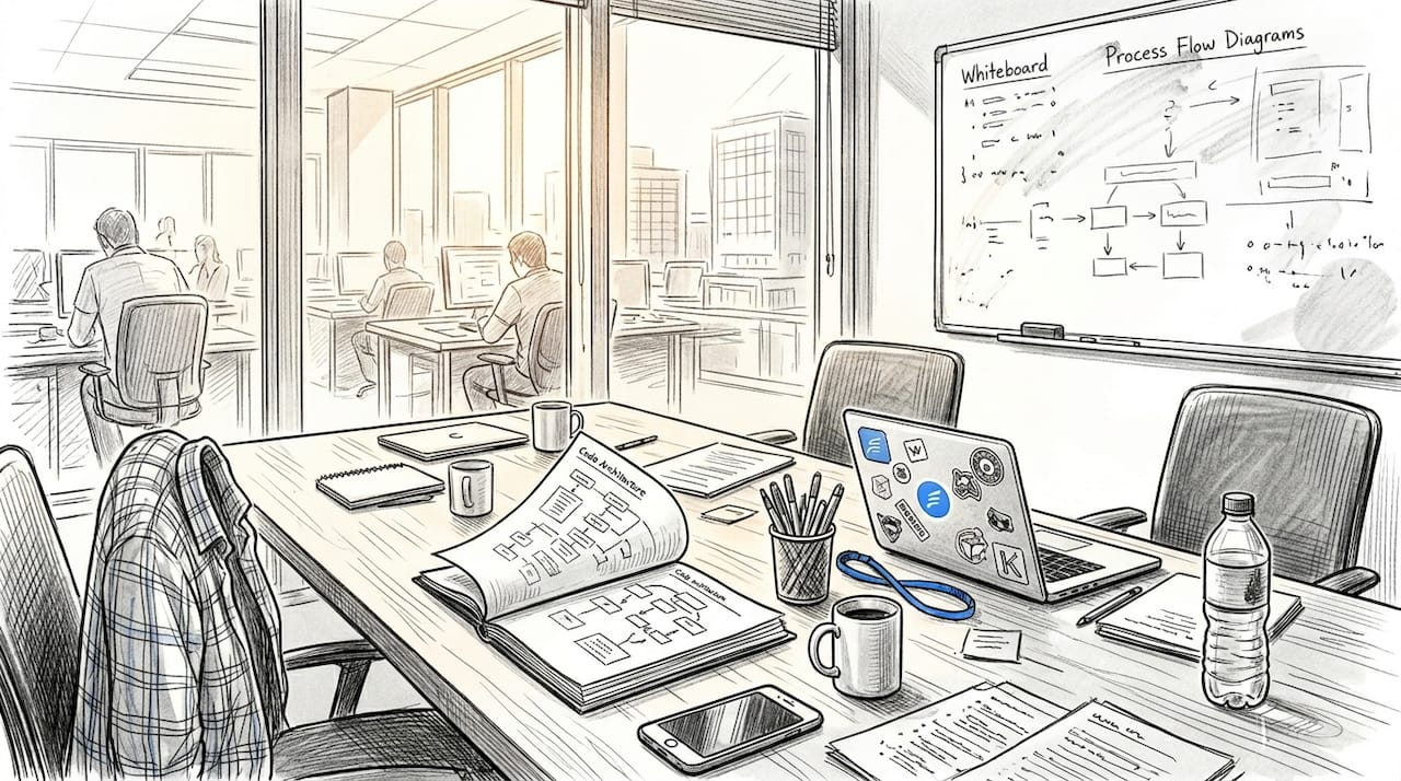 Startup team discussing technical debt at workspace