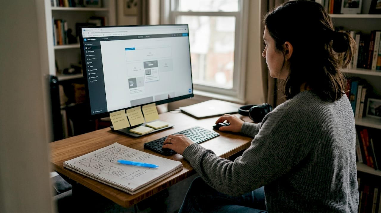 Woman building MVP using no-code tools at home desk