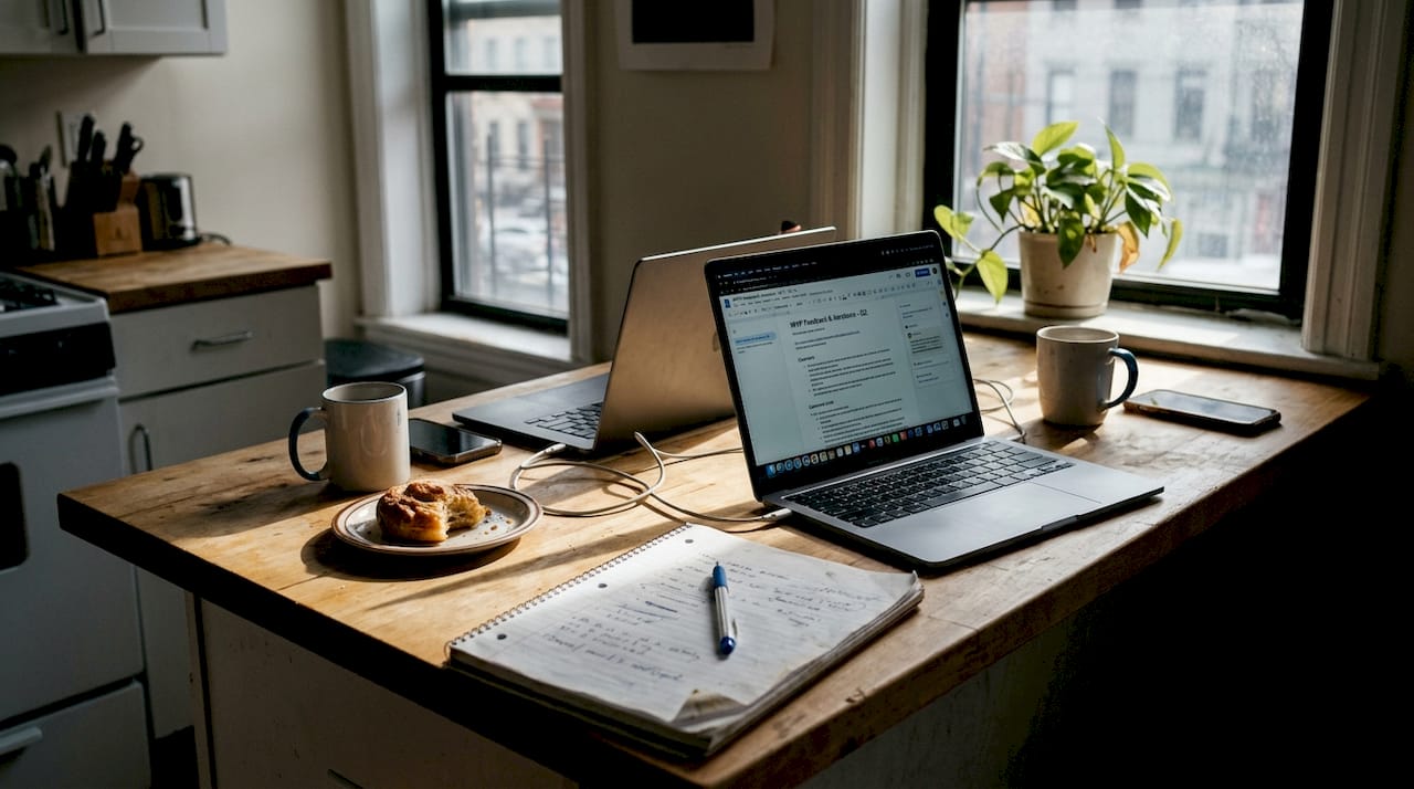 Startup team discusses MVP feedback at kitchen counter