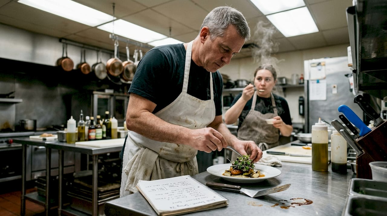 Chef testing new dish in small kitchen