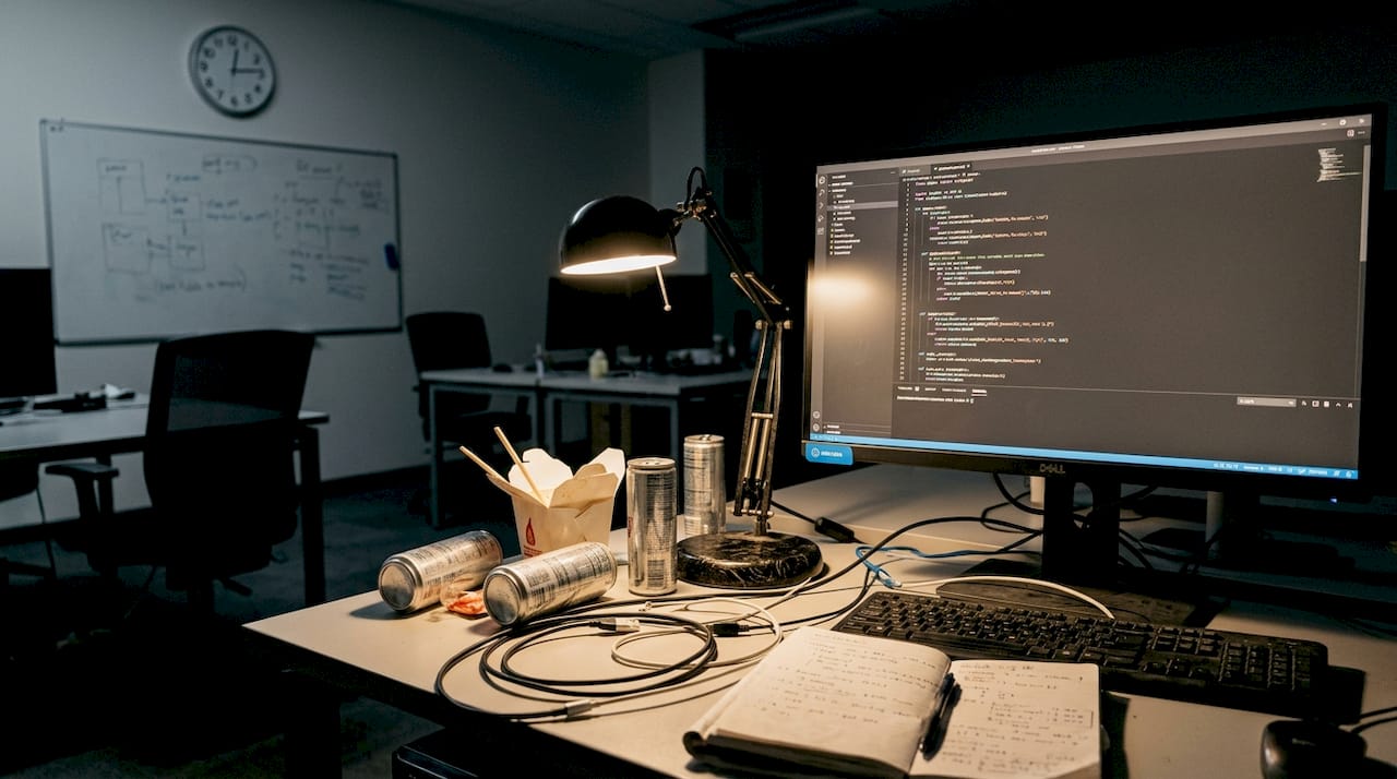 Engineer reviews code alone late at night