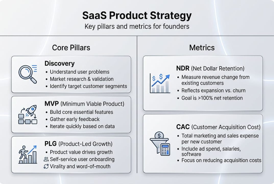 Infographic summarizing SaaS pillars and metrics