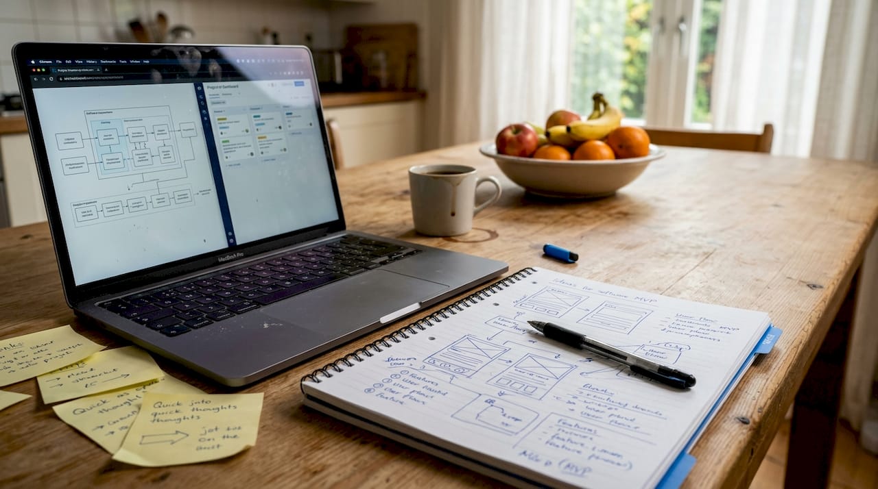 Founder outlining SaaS MVP at kitchen table