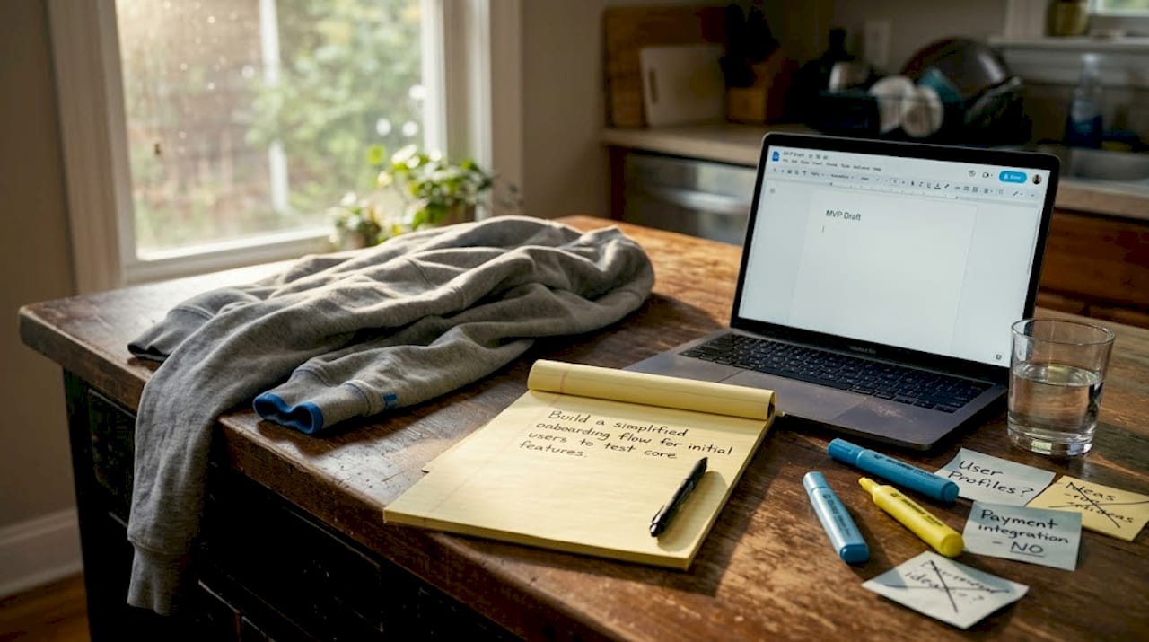 Founder writing MVP scope at kitchen island