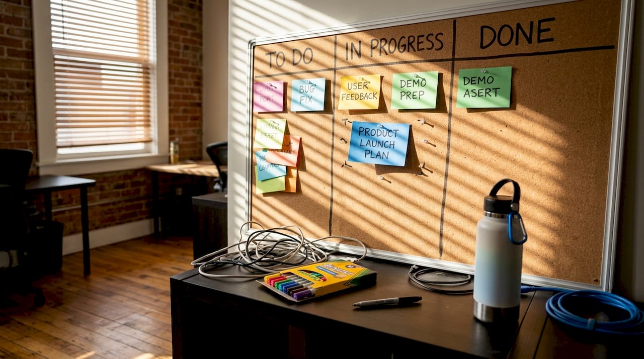 Product manager updates physical kanban board
