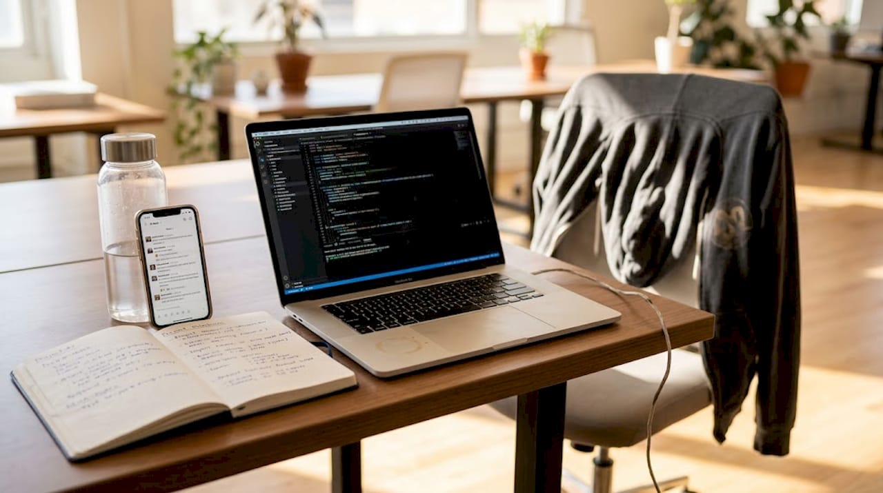 Developer co-founder working at startup desk