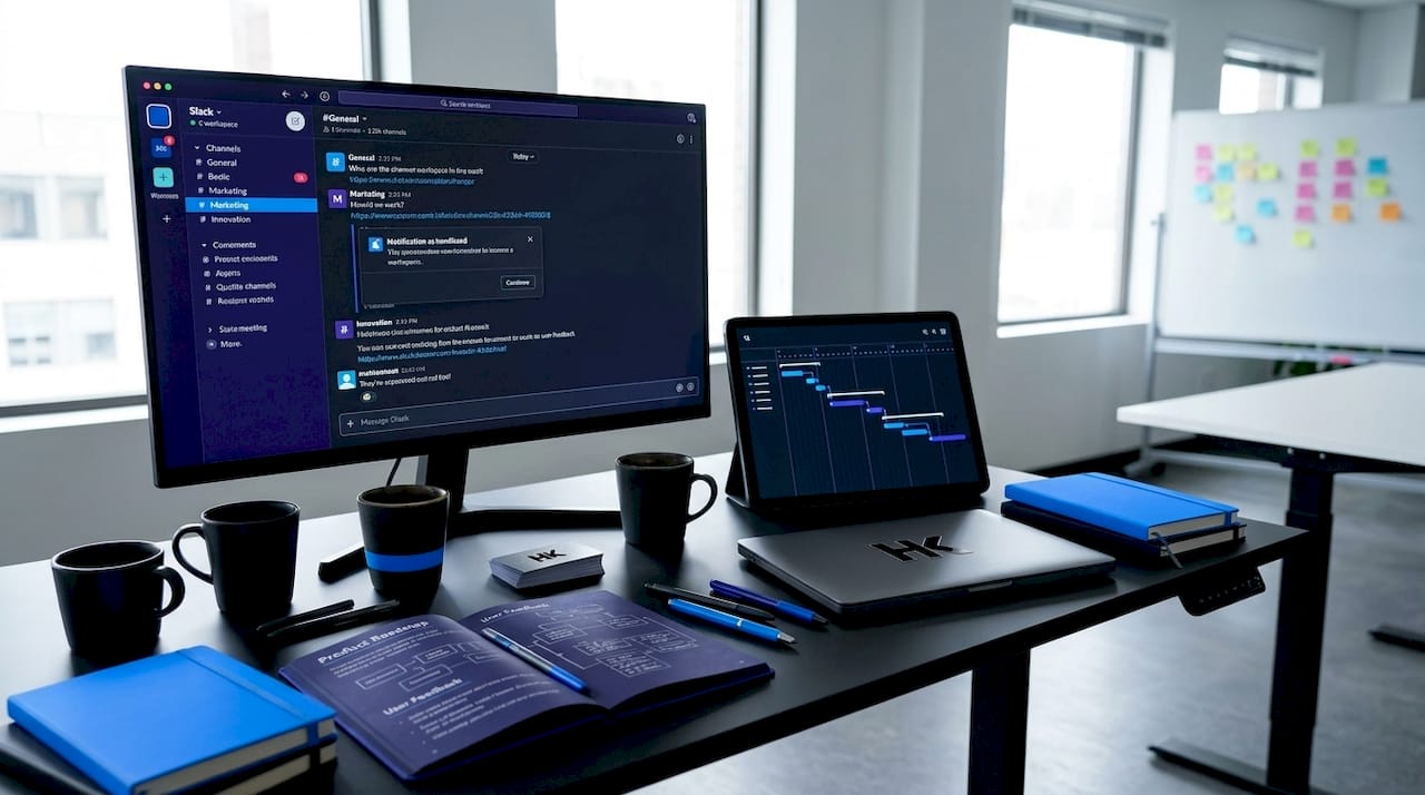 Founder checking messages in busy coworking space